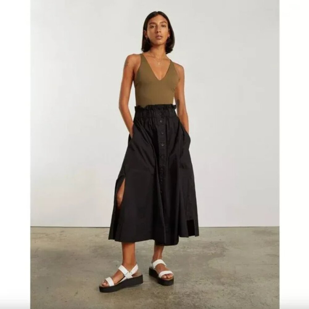 Everlane Skirt Womens Black Button Front Elastic Waist Midi Large